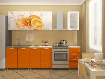 Кухонный гарнитур 1,6м Апельсин (Белый/Оранжевый металлик/Фотопечать апельсин) в Колыбельке - kolybelka.mebel54.com | фото